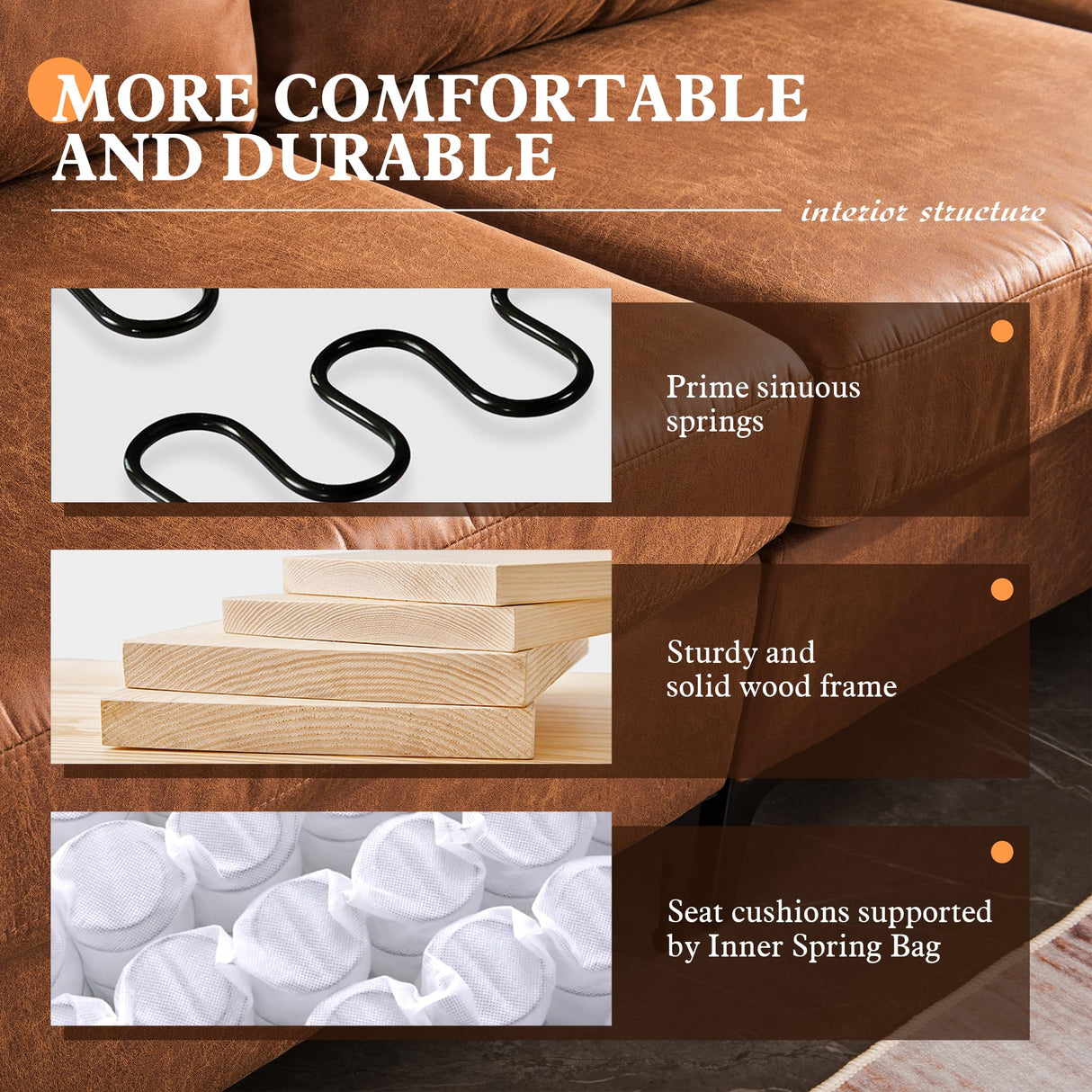 ovios 97.6" L-Shaped Sectional Sofa with Reversible Chaise, Luxury Deep Seat Couch with Convertible Chaise, Minimalism Cloud Sofas Couches for Living Room, Faux Leather, Brown ovios