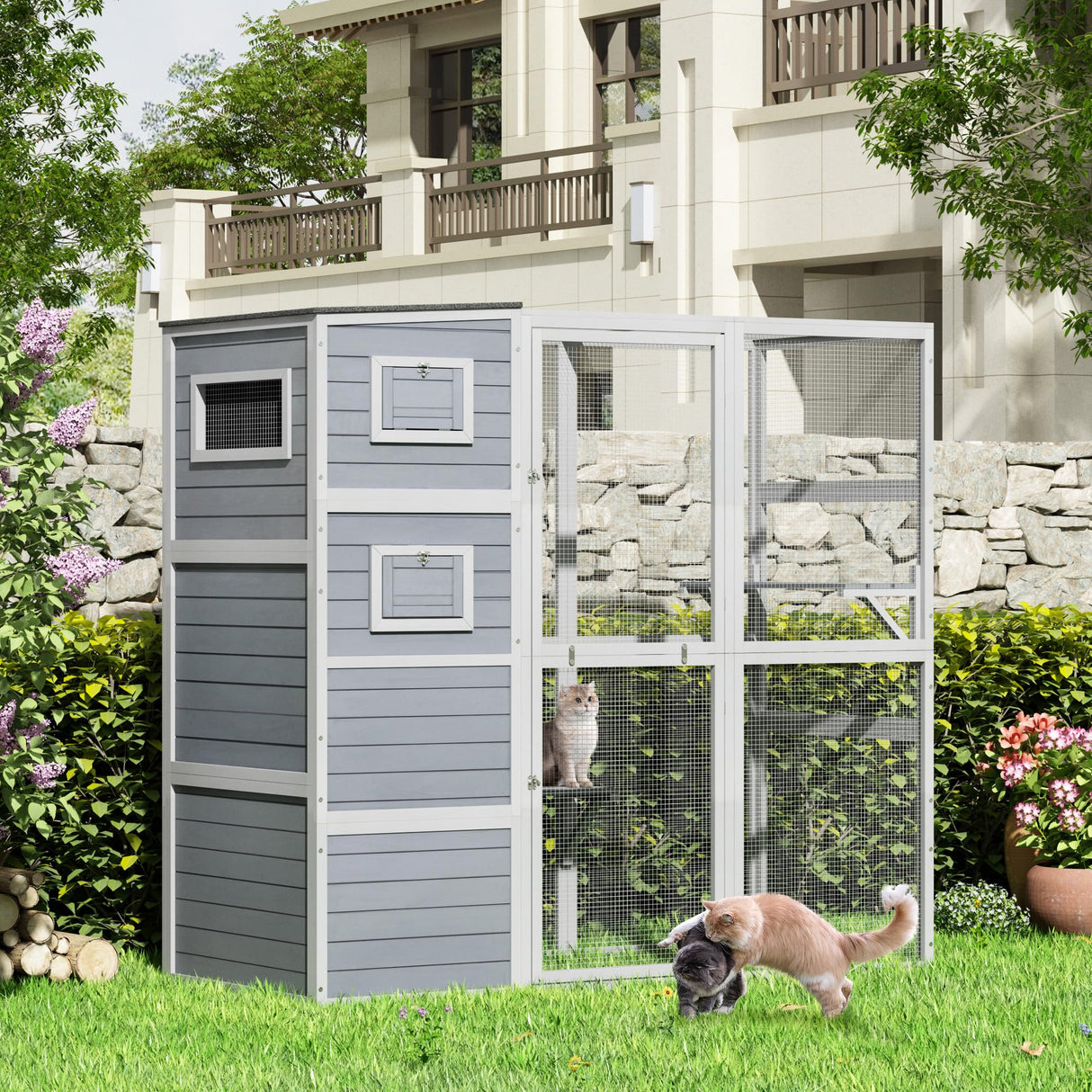 Outdoor Enclosure, 4-Tier Large Cat Catio with Weatherproof Roof, 2 Resting Rooms, 2 Platforms, Walk in Cat Cage Cat House, Wood (Grey) Nyeekoy