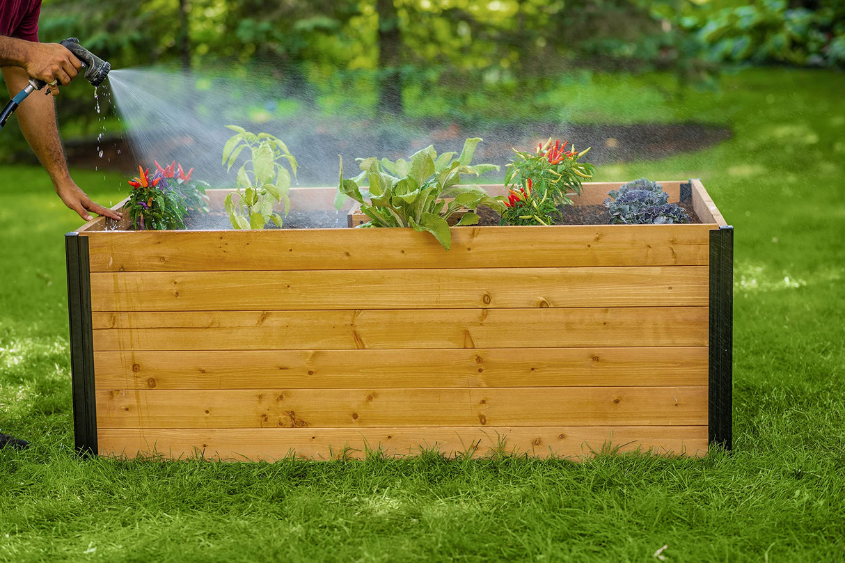 Vita Mezza 3 Foot x 5 Foot Keyhole Garden with Composting Basket, Golden Brown with Black Aluminum Posts, Cedar Wood, FSC, Pre-Stained, Outdoor, VT17702 Vita