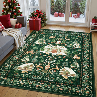 LIVEBOX Christmas Washable Rugs for Living Room 5x7 - Non-Slip Soft Vintage Green Area Rug, Christmas Tree and Deer No-Shedding Indoor Carpet for Living Room Dining Room Bedroom