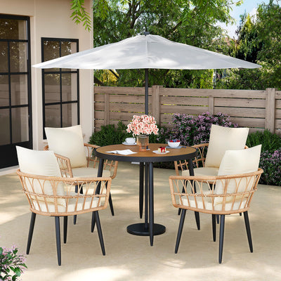 Pamapic 5-Pieces Patio Dining Set with Wood Table Top, All-Weather PE Rattan Patio Furniture Set, Outdoor Dining Furniture with Removable Cushion Chairs & Round Table for Garden Lawn Patio,Cream