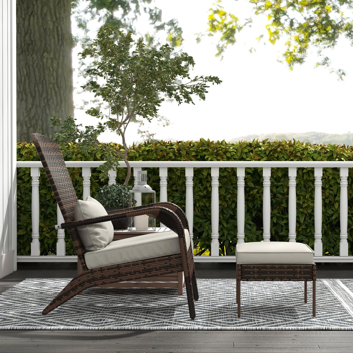 Outsunny Patio Wicker Adirondack Chair with Ottoman, Outdoor Fire Pit Chair with Cushions, High-Back, Large Seat & Armrests for Deck, Garden & Backyard, Cream White Outsunny