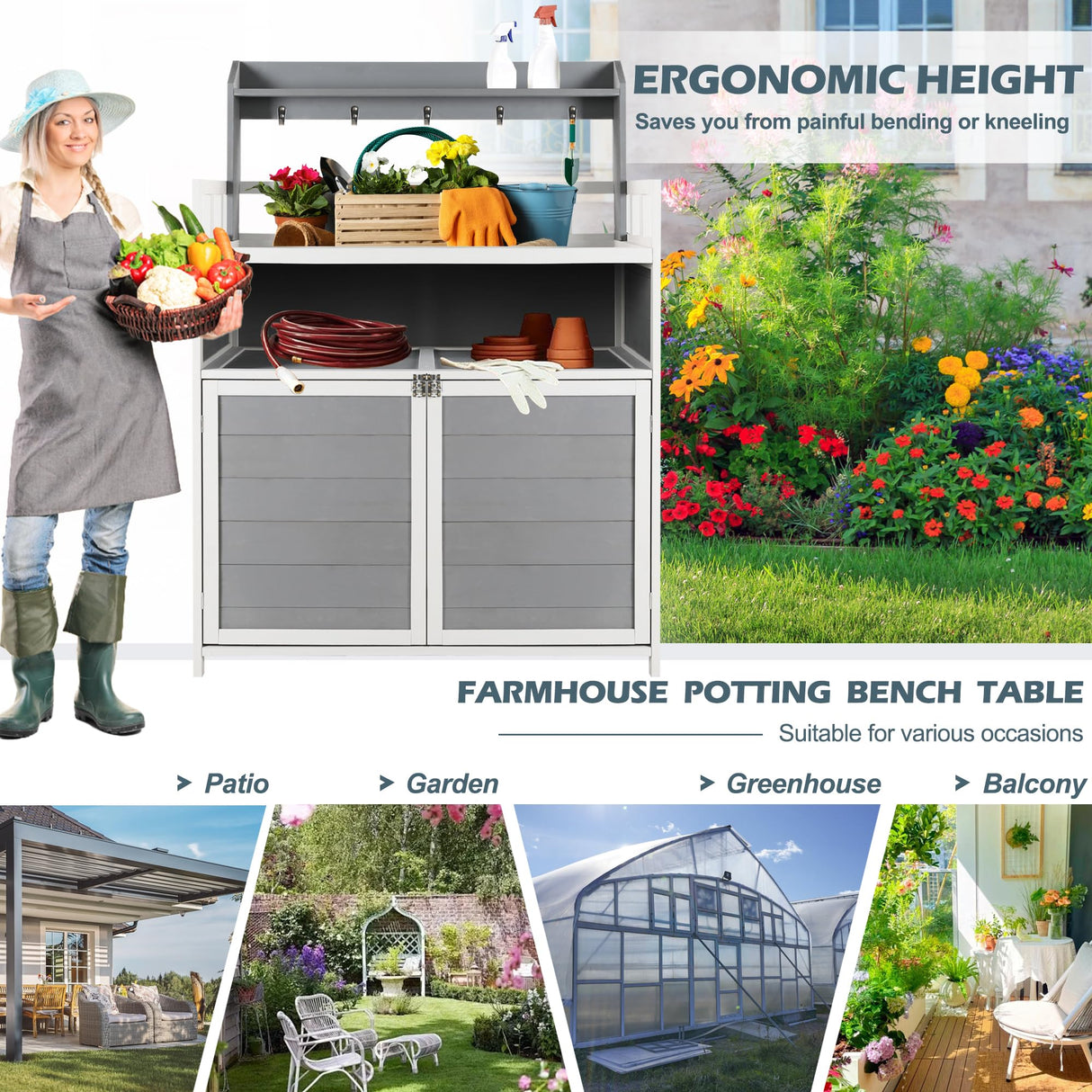 GRAVFORCE Outdoor Potting Bench Table, Garden Potting Benches for Outside Planting Work Bench Table Wooden Storage Plant Table Cabinet Gardening Table for Patio, Garden, Greenhouse, Backyard (Gray) GRAVFORCE