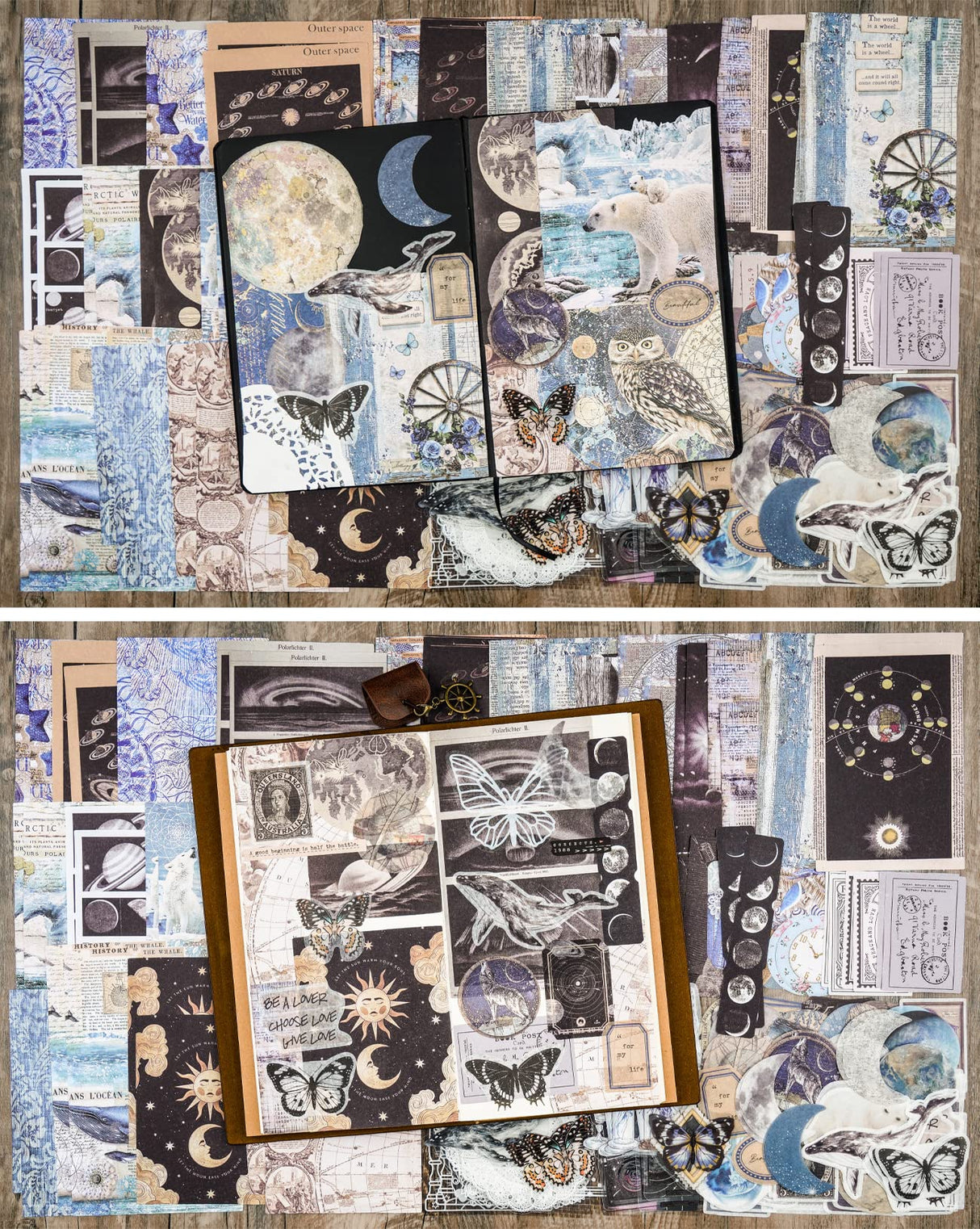 Knaid 200 Piece Vintage Ephemera Bundle - Paper & Sticker Kit for Junk Journaling, Scrapbooking, Planners, Bullet Journals, Collage, Decoupage - Black/Blue Tones Knaid