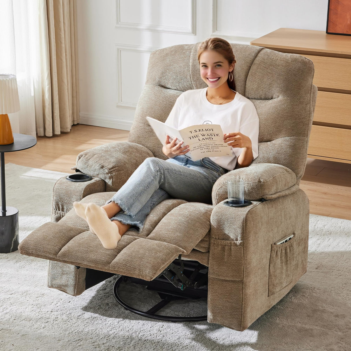 Hicosit Manual 360°Swivel Rocker Recliner Chair,Single Recliner Seat with Cup Holders,Recliner Chairs for Adults, Upholstered Fabric Lazy Boy Recliner for Bedroom,Living Room,Brown Hicosit