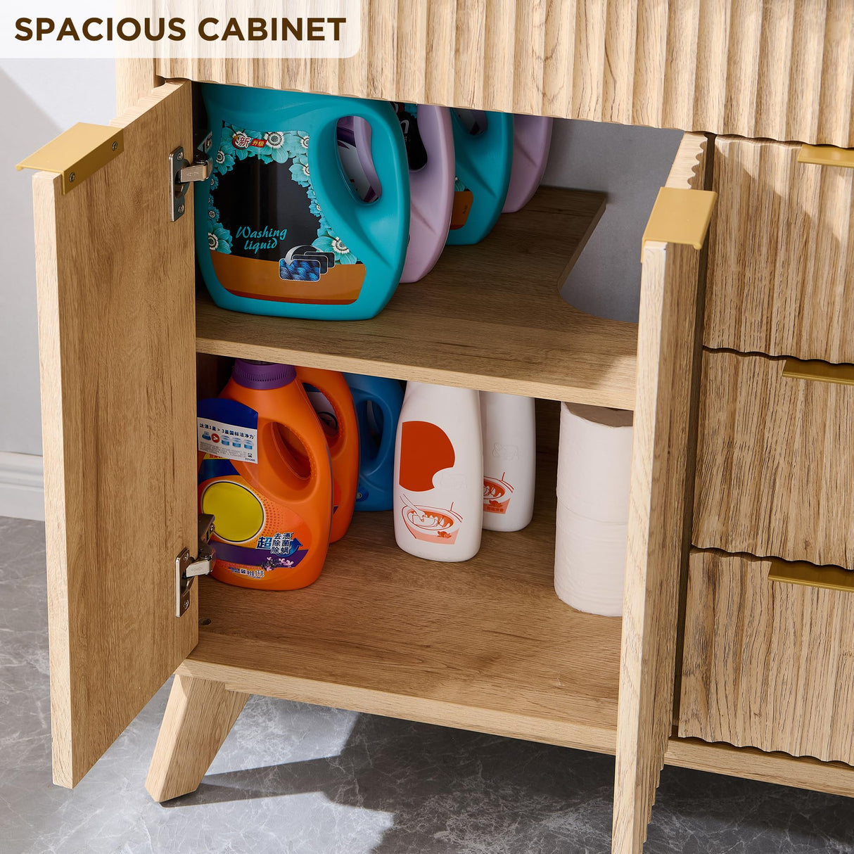 T4TREAM 30" Fluted Bathroom Vanity with Ceramic Sink Combo,Freestanding Modern Bathroom Storage Vanity Cabinet with 2 Soft Closing Doors & 3 Drawers,Wood Grain Texture,Metal Handle,Natural Oak T4TREAM