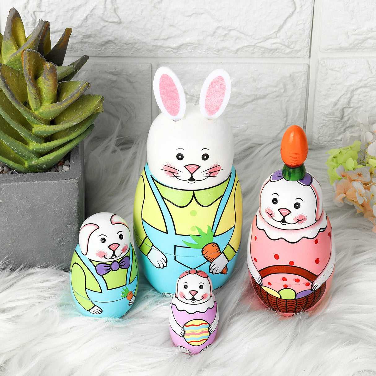 SWANGSA 5 Pcs Russian Nesting Dolls, Cute Cartoon Rabbit Handmade Wood Stacking Matryoshka Nesting Dolls for Kids Birthday Wishing Gift, Home Decoration SWANGSA