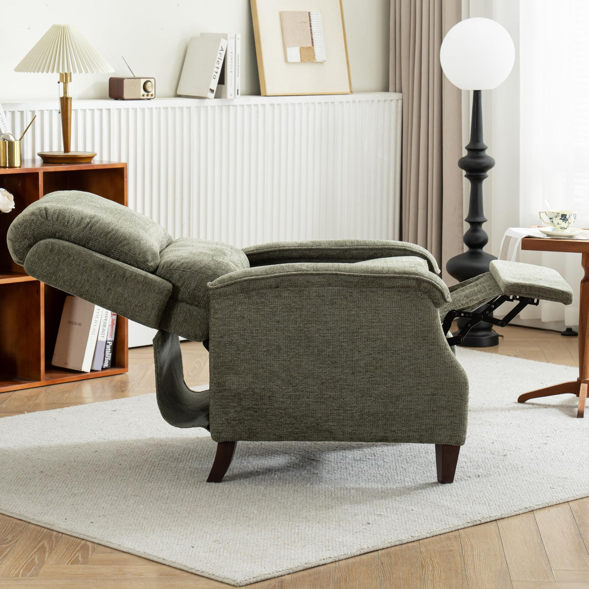 VKNOW Push Back Upholstered Recliner Chair Home Theater Seating Adjustable Modern Fabric Reclining Chair Padded Seat Backrest Recliner Sofa for Living Room (Green) VKNOW