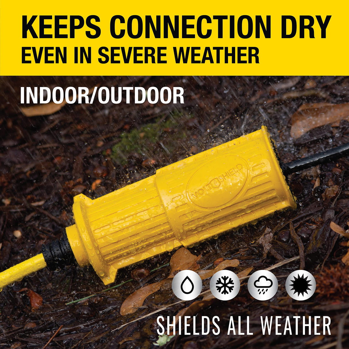 VoltShield 70 ft 12/3 SJTW Heavy Duty All-In-One Weather Protection Extension Cord, Water, Weather & Kink Resistant, Flame Retardant, Yellow, 3 Prong Grounded Plug, Locks Cord Preventing Disconnection VoltShield