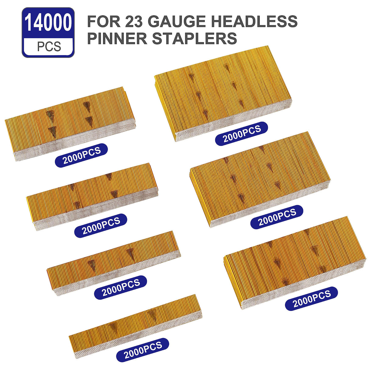 HAMWOO 14000 pcs 23 Gauge Pin Nails, Headless Pinner Nails, 7 Sizes Assorted 3/8 Inch to 1-3/8 Inch for Molding Cabinetry Building,photo frame,handicrafts Assembly HW HAMWOO