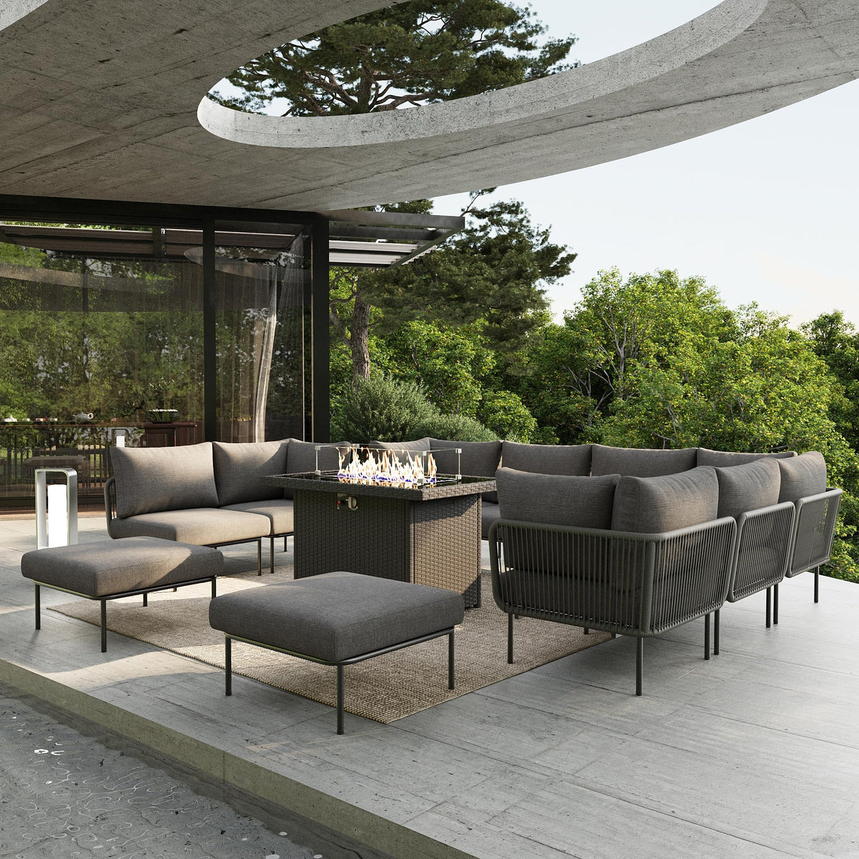 Vakollia 11 Piece Modern Outdoor Rope Wicker Sectional Patio L-Shaped Conversation Sofa Set Deep Seating with Fire Pit Table Vakollia