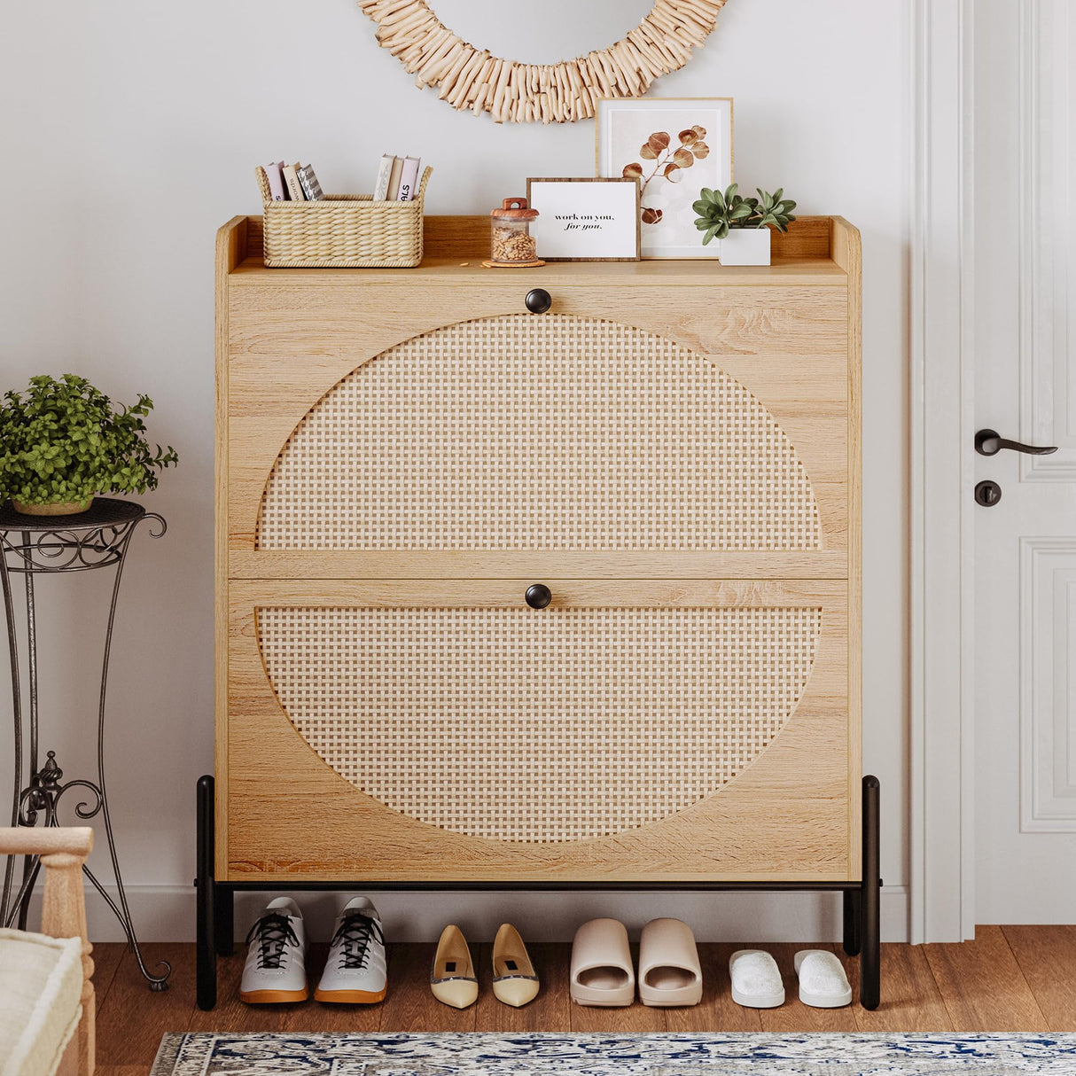 IRONCK Shoe Cabinet Storage with 2 Flip Drawers, Free Standing Wooden Shoe Storage Organizer Cabinet with Rattan Doors for Entryway, Narrow Shoe Rack Cabinet, Oak IRONCK