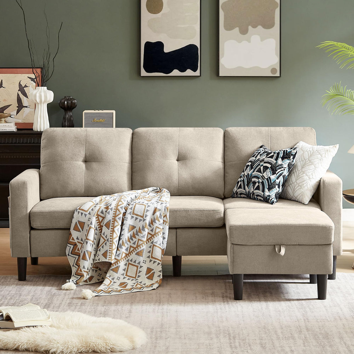 Pingliang Home 79" Sectional Sofa Couches for Small Spaces, L Shaped Couch with Storage Ottoman, 3 Seats Sectional Sofas for Living Room, Apartment-Friendly Couch, Easy Assembly Fabric Sofa (Beige) Pingliang Home