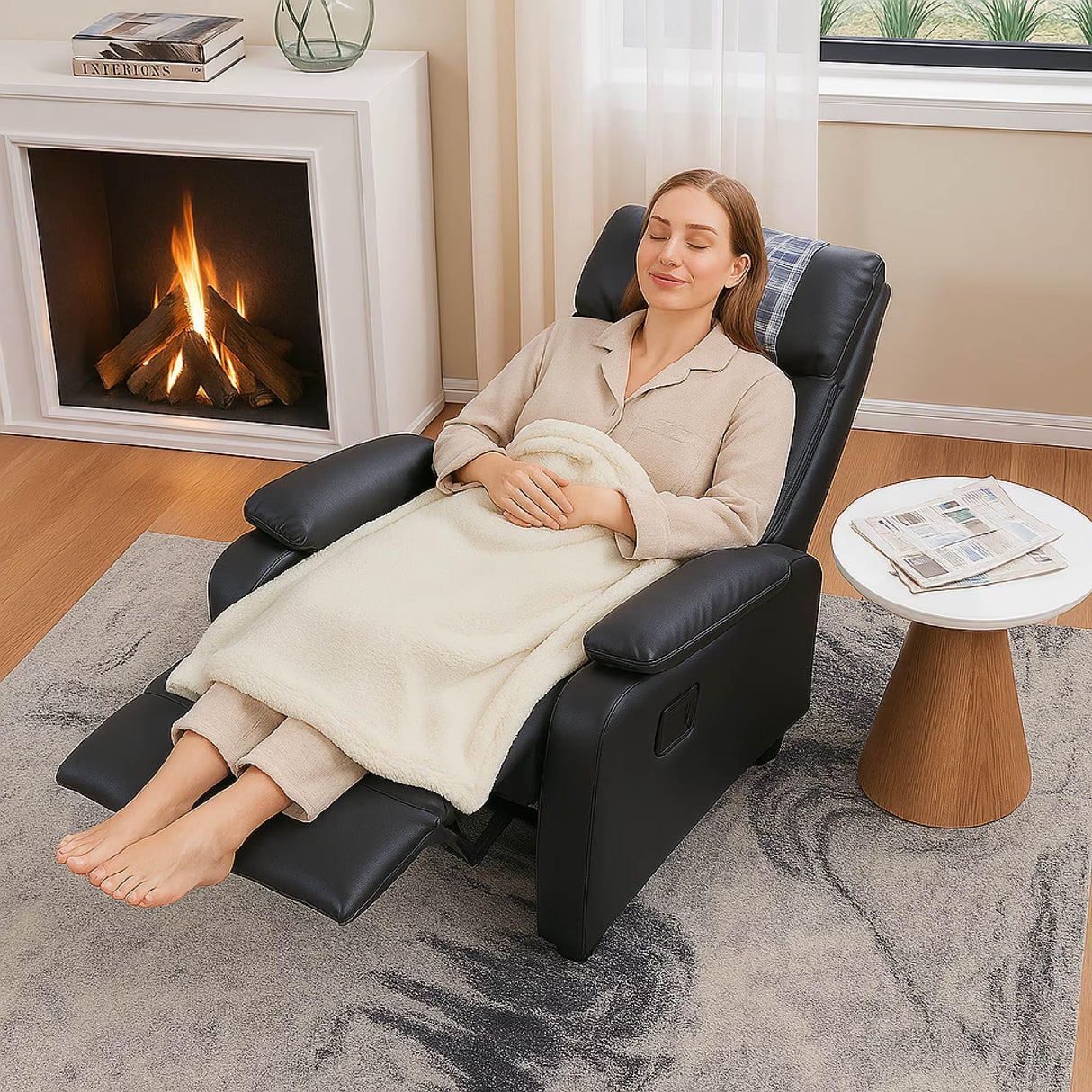 Manual Recliner Chair with Cup Holder – Classic PU Leather Reclining Single Sofa for Living Room, 3-Position Adjustable Recliner with Footrest and Headrest Pillow, Easy Assembly (Black) Generic