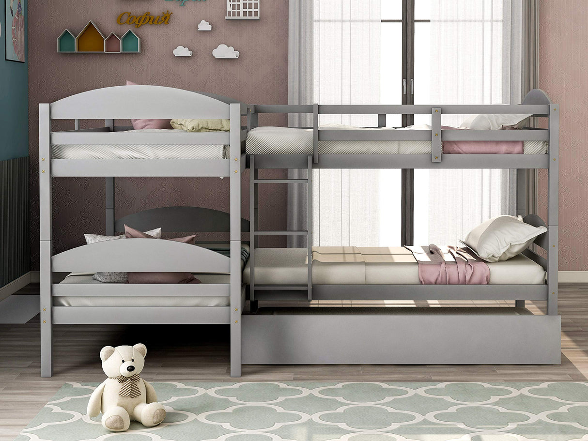 Harper & Bright Designs Quad Bunk Bed with Trundle, L Shaped Bunk Bed for 4 Kids, Wooden Twin Bunk Bed Frame for Kids Teens Adults - Gray Harper & Bright Designs