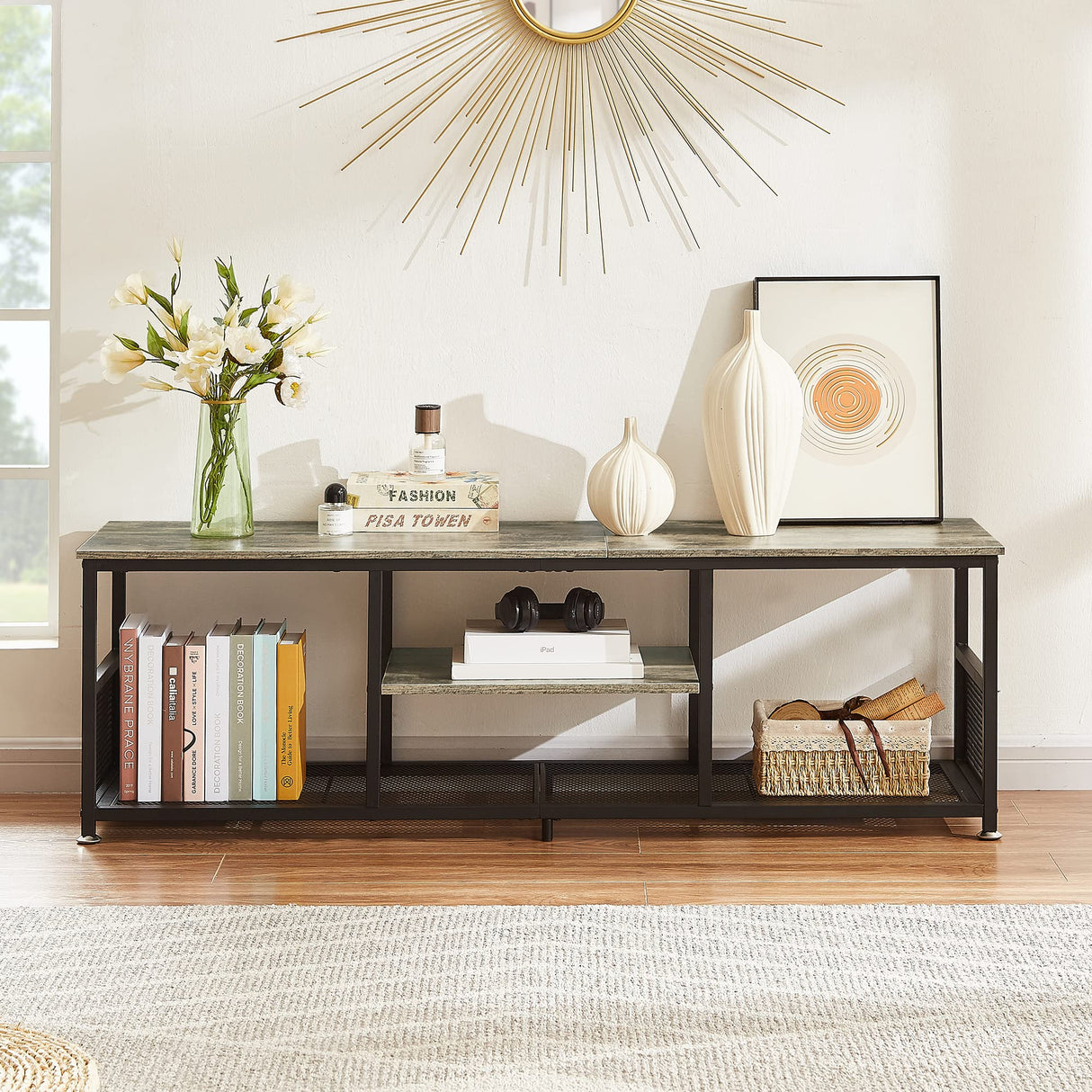 VECELO Industrial TV Stand for Televisions up to 65 Inch, 55" Entertainment Center with Open Storage Shelves for Living Room/Bedroom, 3 Tiers Media Console Table with Metal Frame, Grey, 55 Inches VECELO