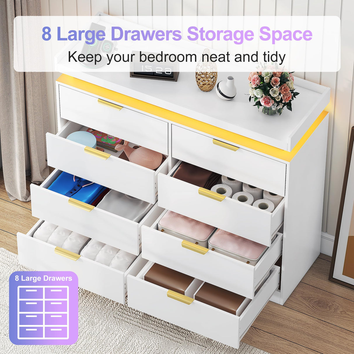 UNIQUITE 8 Drawer Dresser for Bedroom, White Dresser with LED Lights and Power Outlet, Wooden Dressers Chests of Drawers, Double Wide Dressers for Bedroom, Living Room, Hallway UNIQUITE