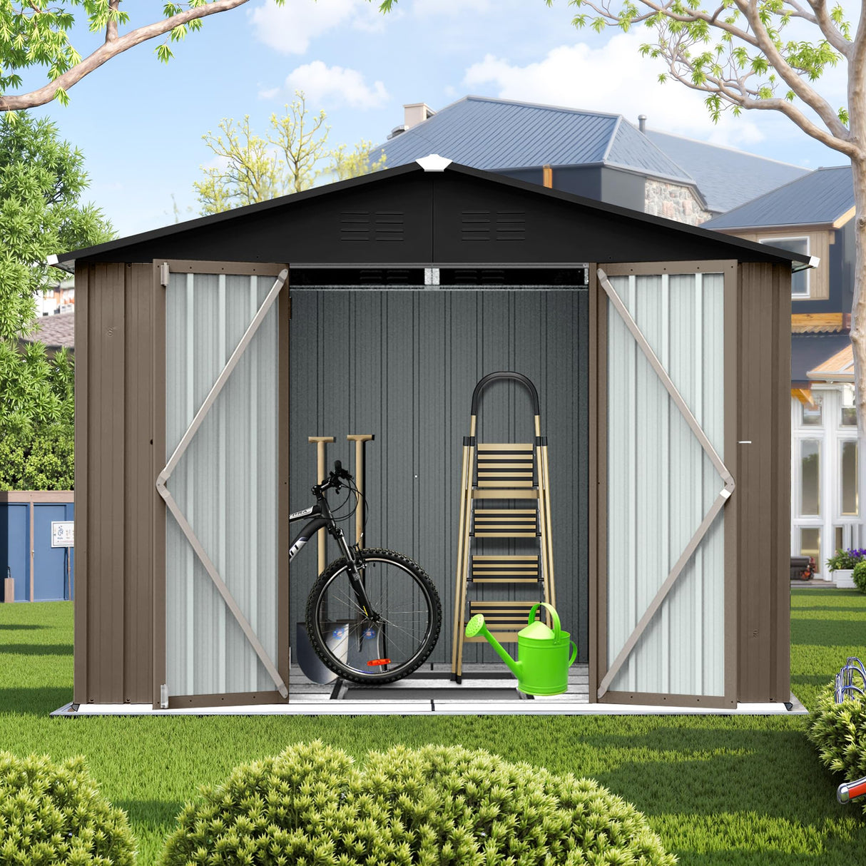 Lyngins 8x6 FT Outdoor Storage Shed, Metal Tool Shed with Lockable Doors, Peaked Roof & Frame Floor, Garden Shed with Vented Design for Backyard Garden Patio Lawn, Brown + Black Lyngins