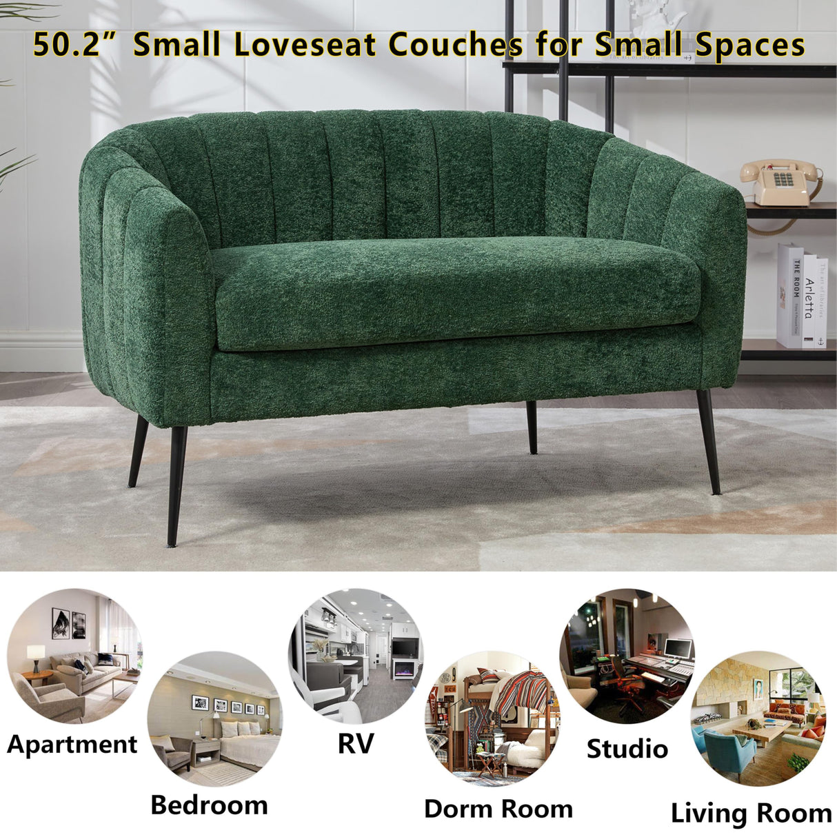 OIKIIWOO 50.2" Small Sofa Couch for Small Spaces,Modern Corduroy Loveseat Couches,Oval 2 Seater Sofas Love Seat with Metal Legs for Apartment,Bedroom,RV. (Green, 50.2") OIKIIWOO