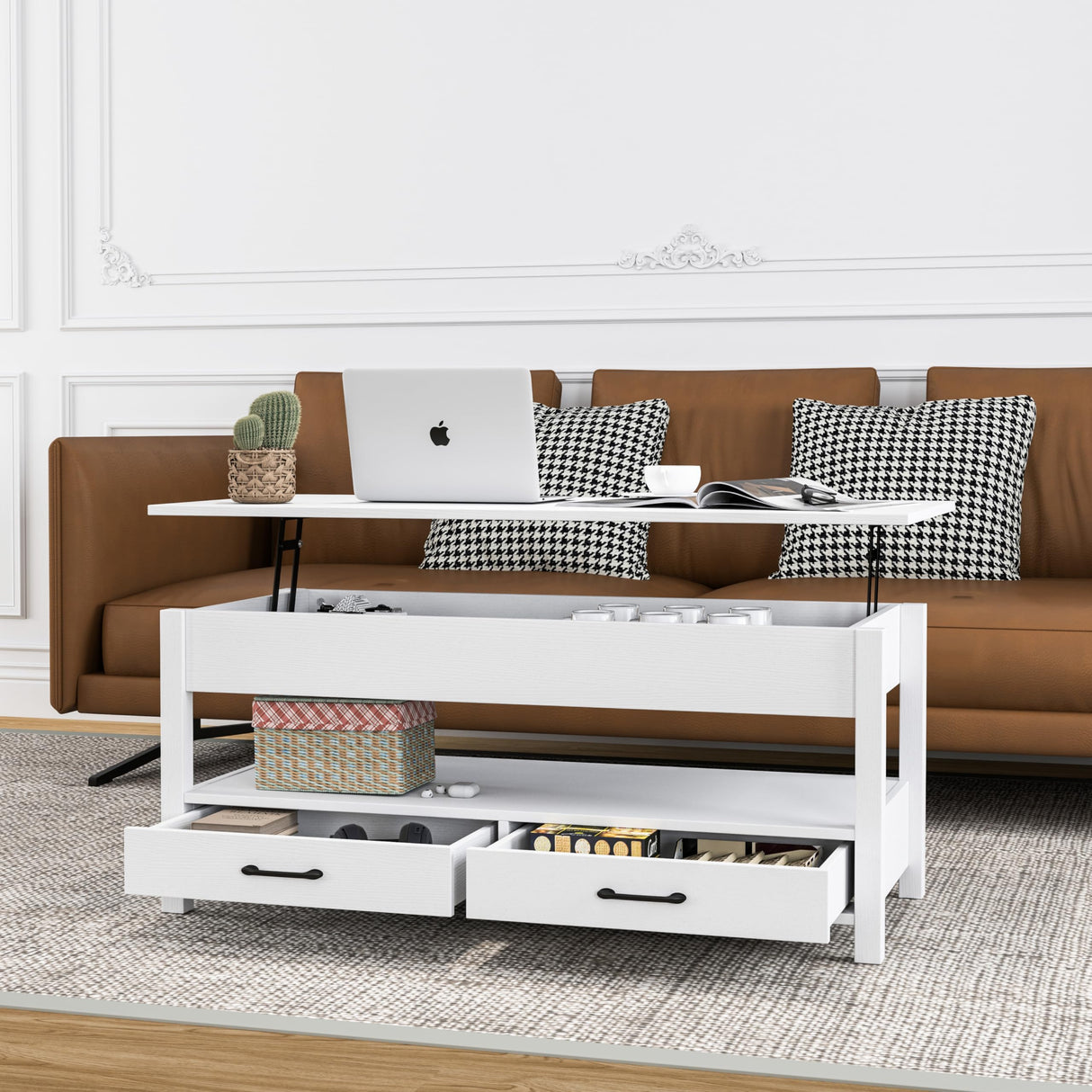 Panana Coffee Table, Lift Top Coffee Table with Hidden Compartment, 2 Drawers and 1 Open Shelf, Retro Central Wooden Table Lift Tabletop for Living Room (White) Panana