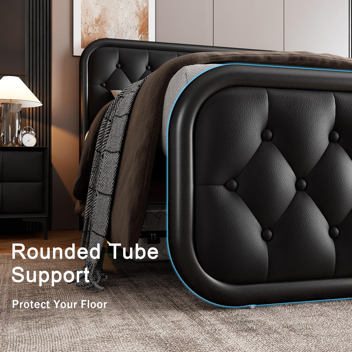 GalnFu Full Metal Bed Frame, Upholstered Bed with Leather Button-Tufted Headboard & Footboard, Heavy-Duty U-Shape Platform Bed, Easy Assembly, Black GalnFu