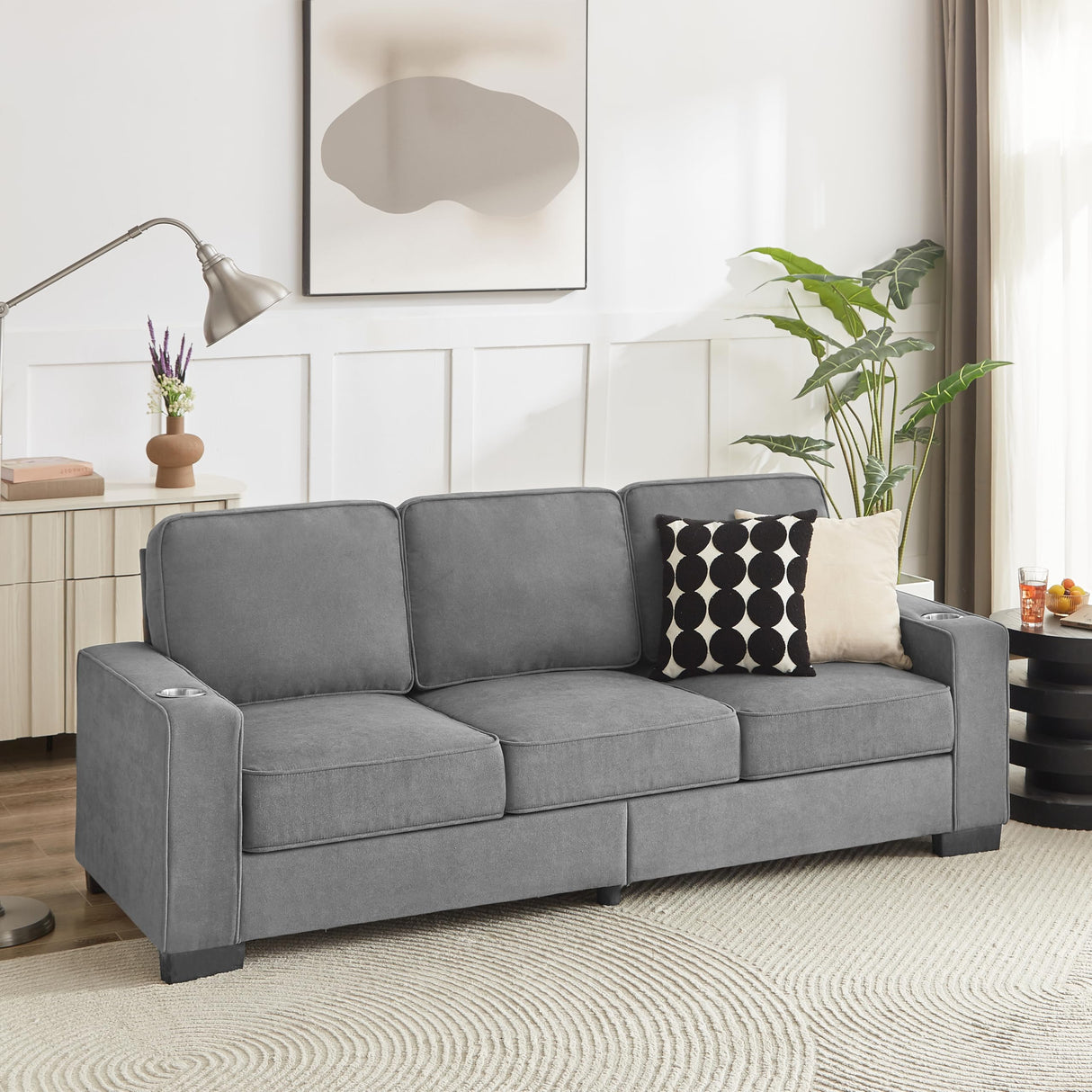 83.86" Couch Sofa with with Cup Holders & Extra Deep Seat, Modern Plush Corduroy Sofa Cloud Couch, Comfy Upholstered 3 Seater Sofa Bed Couches for Living Room, Apartment, Office, Light Grey SLEERWAY
