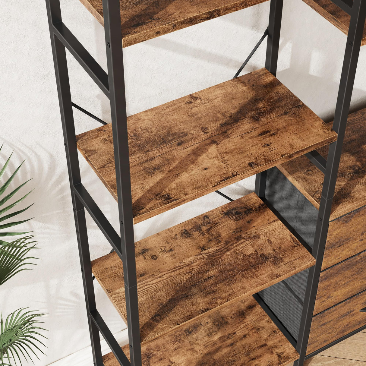 AFLUI Triple Bookshelf with 3 Fabric Drawers, 5-Tier Book Shelf and 10 Display Shelves, Industrial Large Bookcase for Home & Office, Rustic Brown, 47'' Wide AFLUI