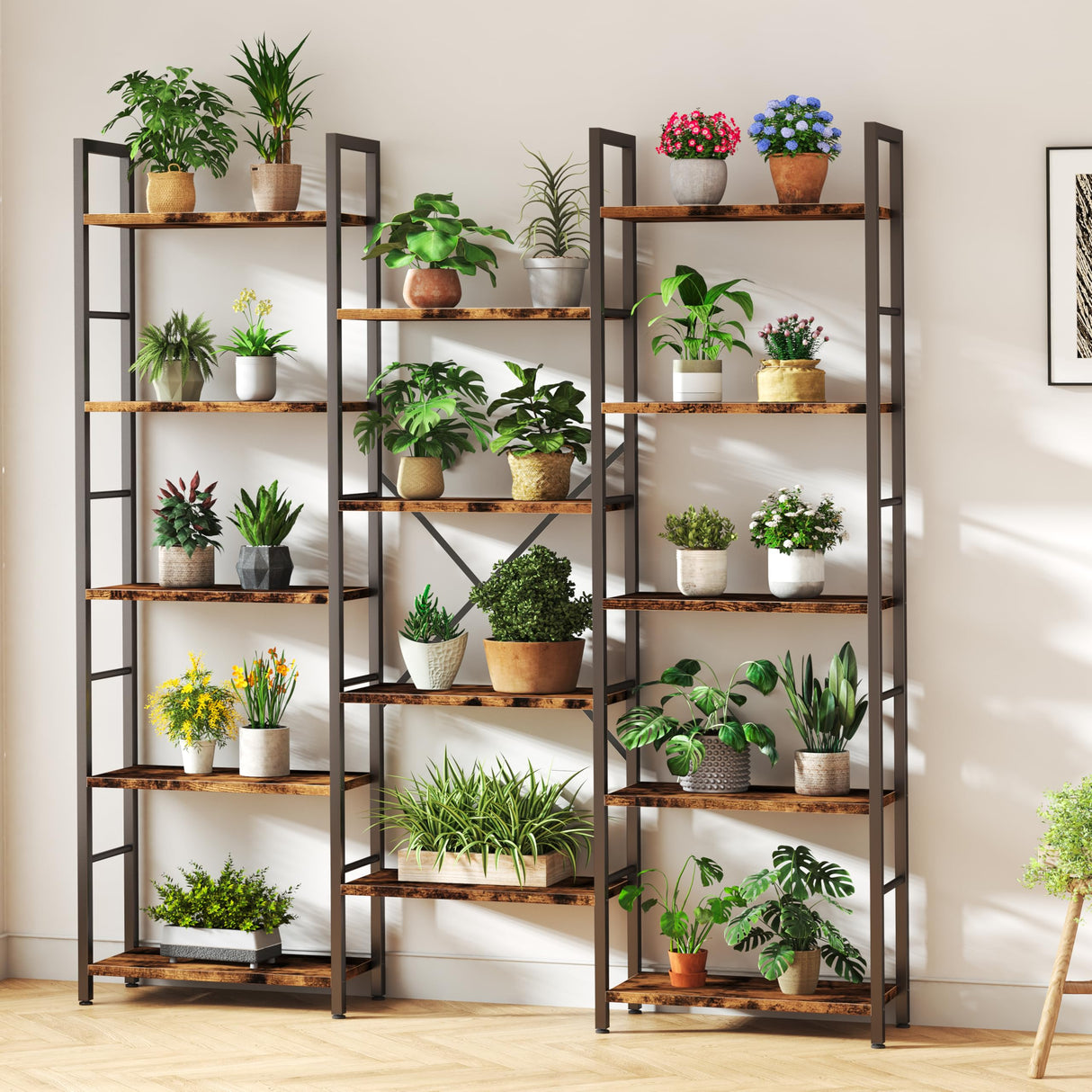 Shintenchi Triple Column 5 Tier Bookshelf, Industrial Large Bookcase Display Shelves, Large Etagere Bookshelf,Wide Book Shelf Book Case for Home & Office, Rustic Brown Shintenchi