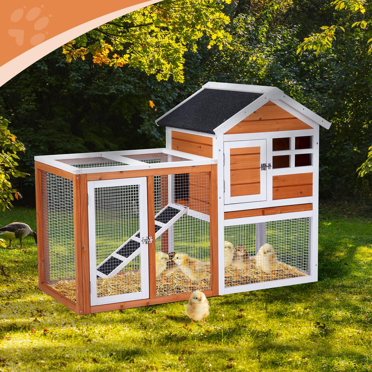 Outvita Rabbit Hutch, Small Wood Chicken Coop, 48" Guinea Pig Cage w/Pull-Out Tray, Waterproof Asphalt Roof, Chicken Run, Interactive Door for Small Animal Pen Outdoor Outvita
