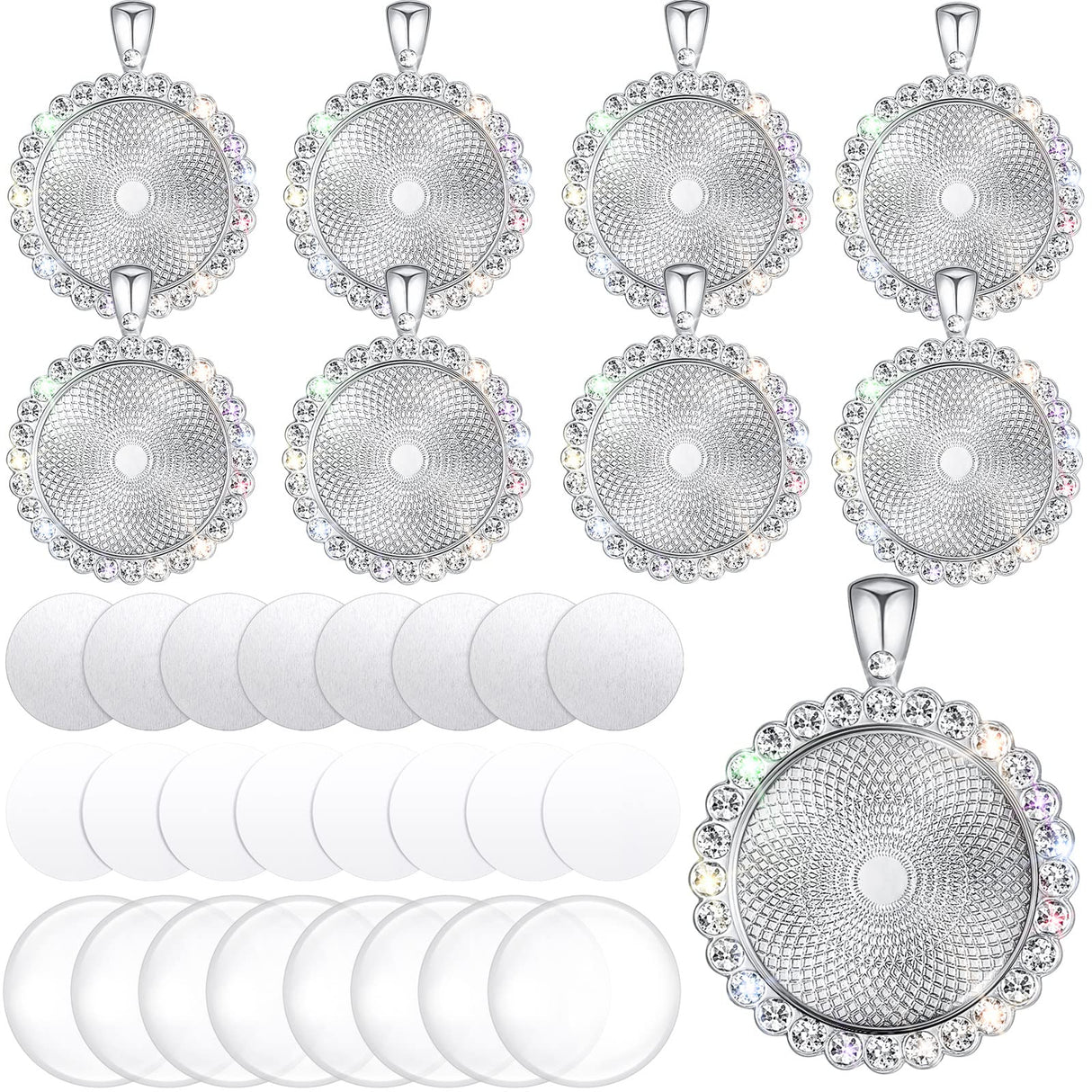 Hicarer 32 Pcs Sublimation Necklace Blank Round Rhinestone Bezel Pendant Trays Set with Glass Domes Sublimation Blank Discs Double Sided Adhesive Tape for DIY Wedding Birthday Graduation Jewelry Gifts Hicarer