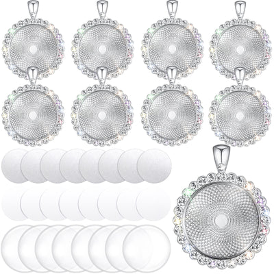 Hicarer 32 Pcs Sublimation Necklace Blank Round Rhinestone Bezel Pendant Trays Set with Glass Domes Sublimation Blank Discs Double Sided Adhesive Tape for DIY Wedding Birthday Graduation Jewelry Gifts