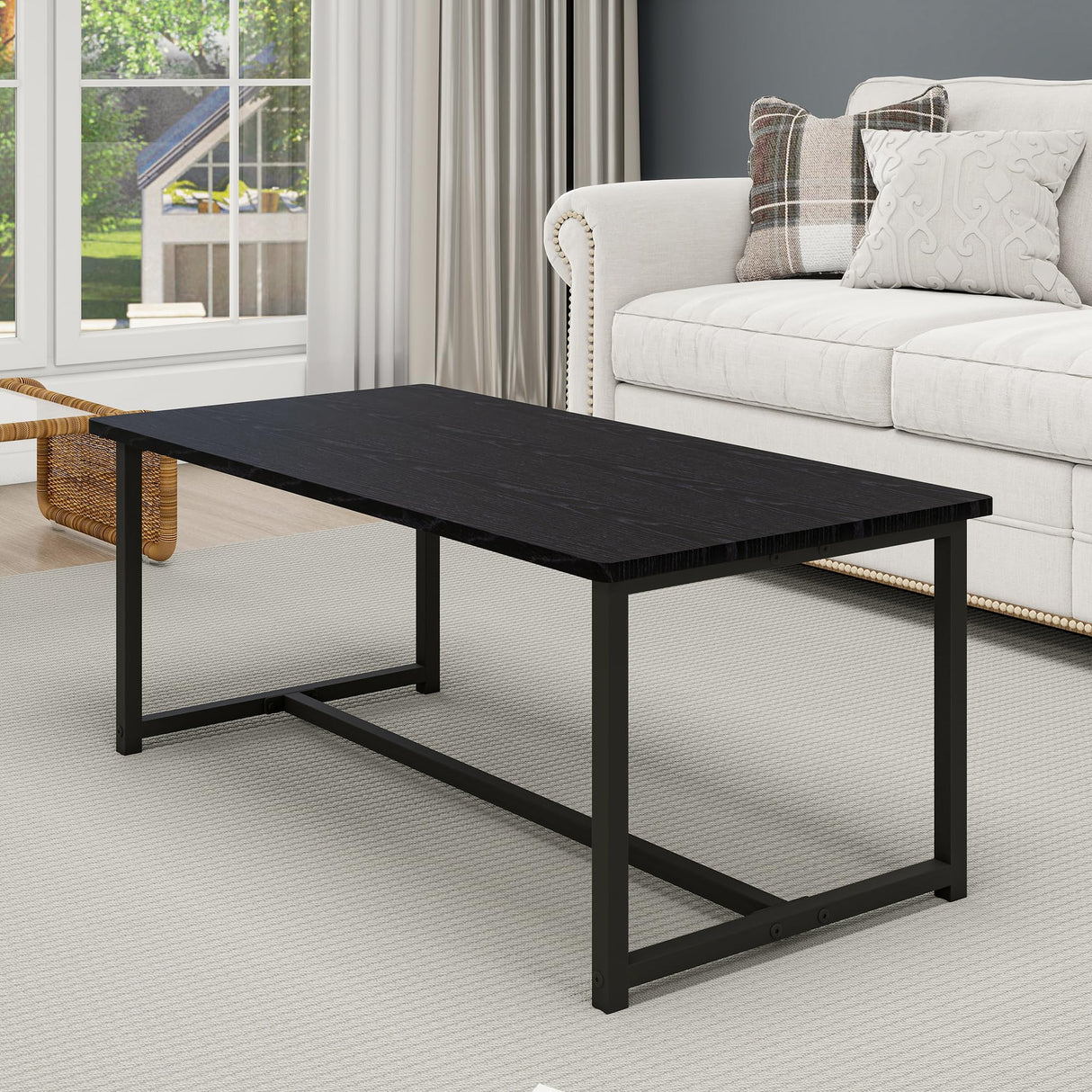 VERFARM 35.4" Rectangular Coffee Table for Living Room, Modern Industrial Style Coffee Table Center Table with Metal Frame for Small Space, Apartment, Office, Easy Assembly, Black VERFARM