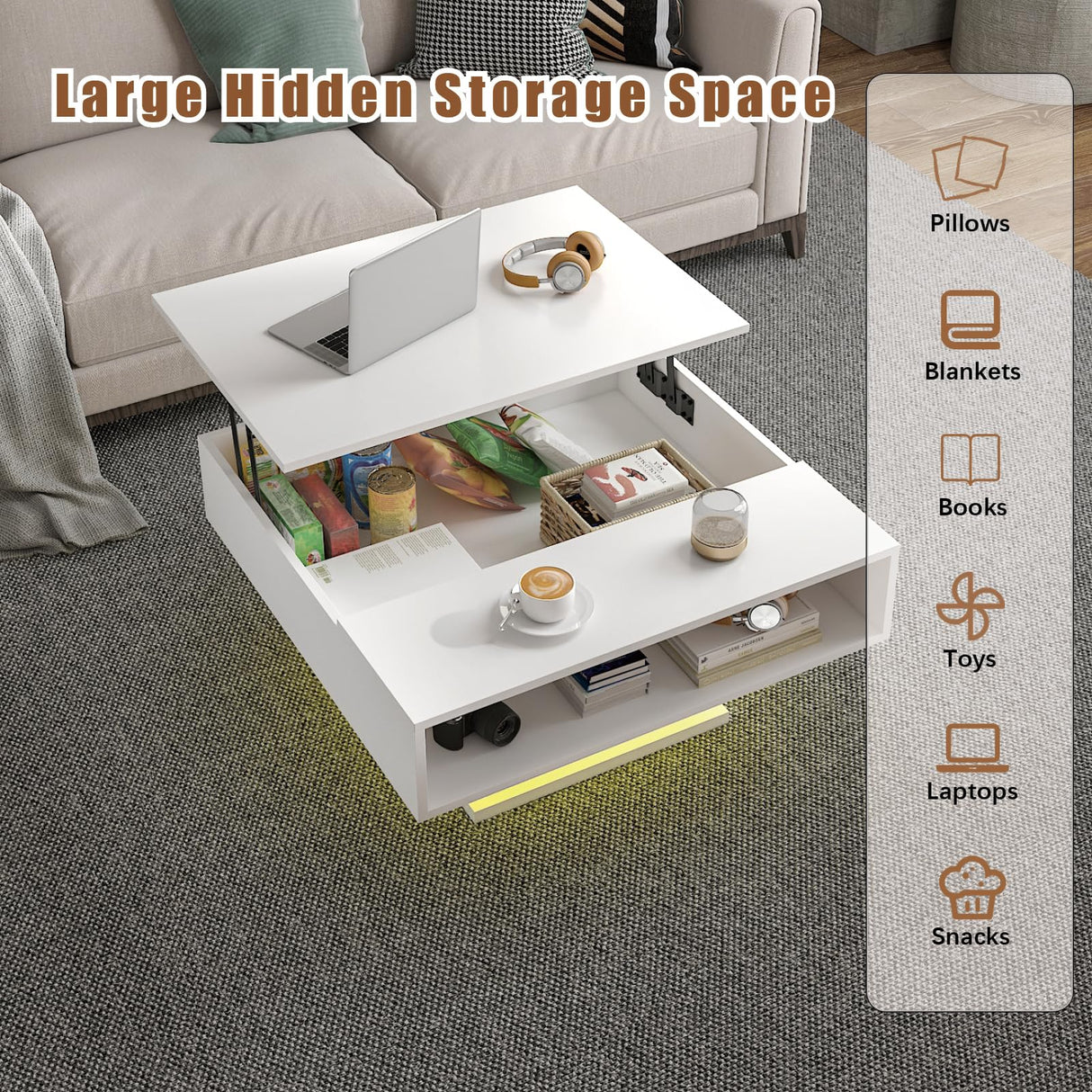 HedoAjim White 30.7" Lift Top Coffee Table with Storage, Square Led Coffee Table with Large Hidden Storage, Wood Living Room Table Led Center Table for Dining Reception Room HedoAjim