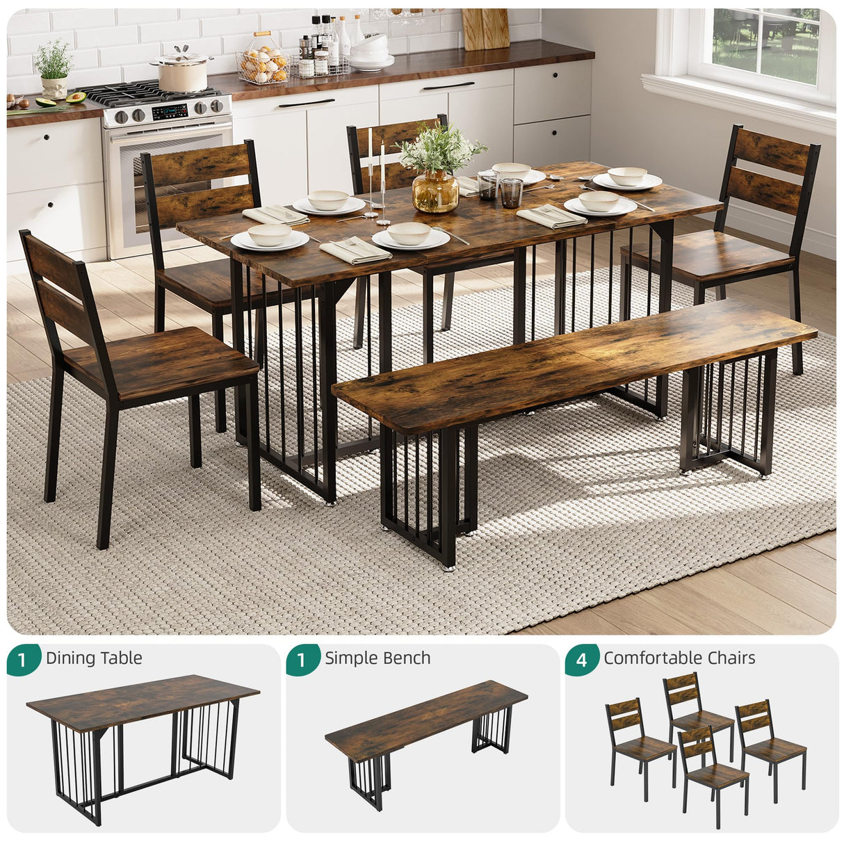 YITAHOME 6-Piece Dining Table Set for 6-8 People, 63 Inch Kitchen Table Set with 4 Chairs and 2 Benches, Farmhouse Rectangular Dining Room Table Set for Kitchen Apartment Saving Space, Rustic Brown YITAHOME