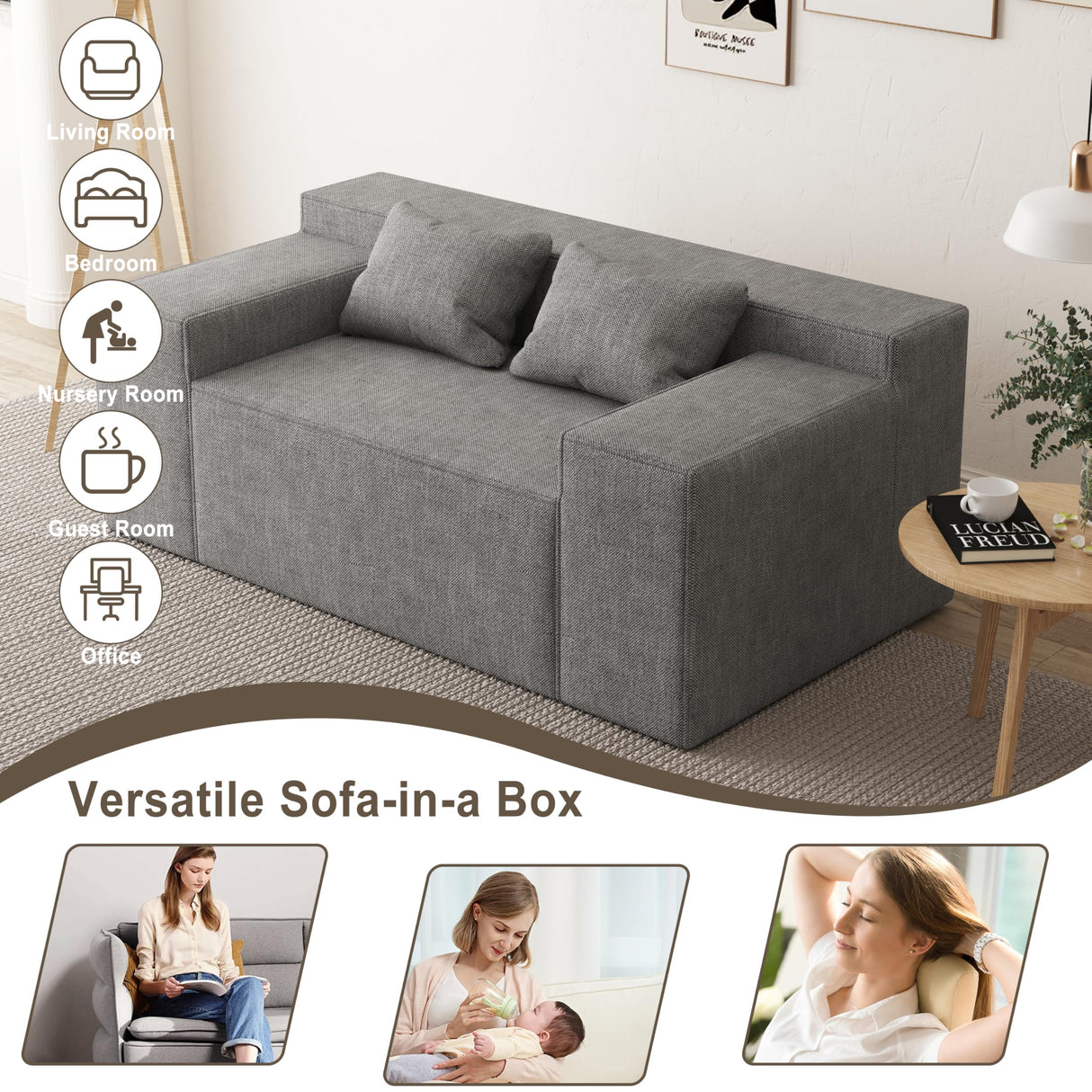 PurrJoys Modern Loveseat, Sofa Couch in a Box, No Assembly Needed, with 2 Pillows, Cat-Scratch Resistant Linen,Small Sofa for for Small Space, Living Room, Bedroom,Grey PurrJoys