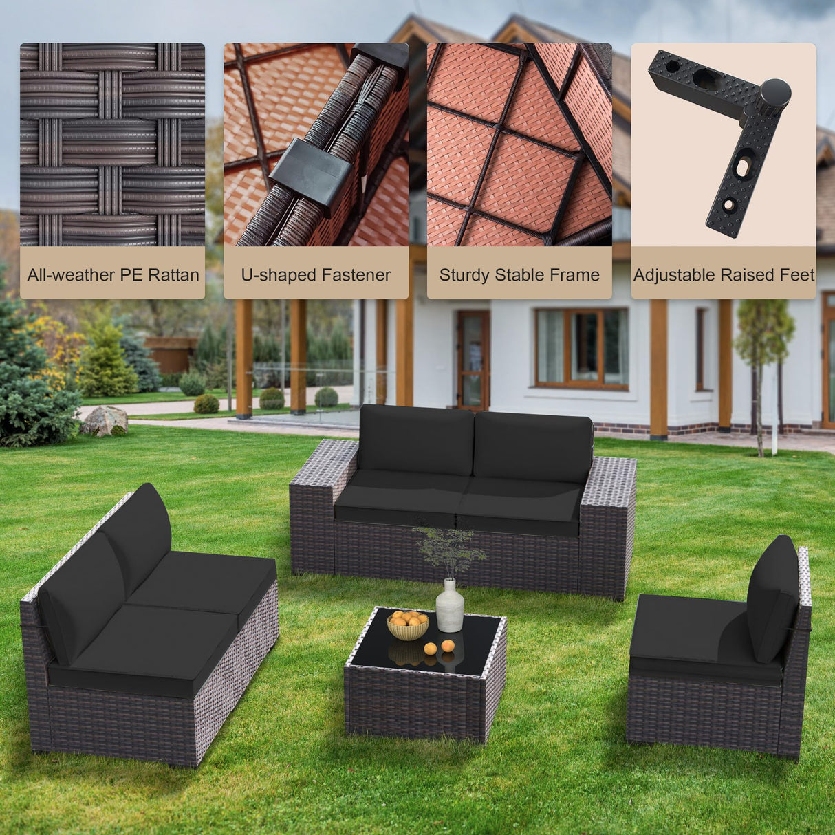 GREZJXC 8 Pieces Outdoor Sectional Patio Furniture Set with Fire Pit Table,PE Rattan Wicker Patio Sectional Conversation Set with Cushions and Glass Coffee Table Black GREZJXC