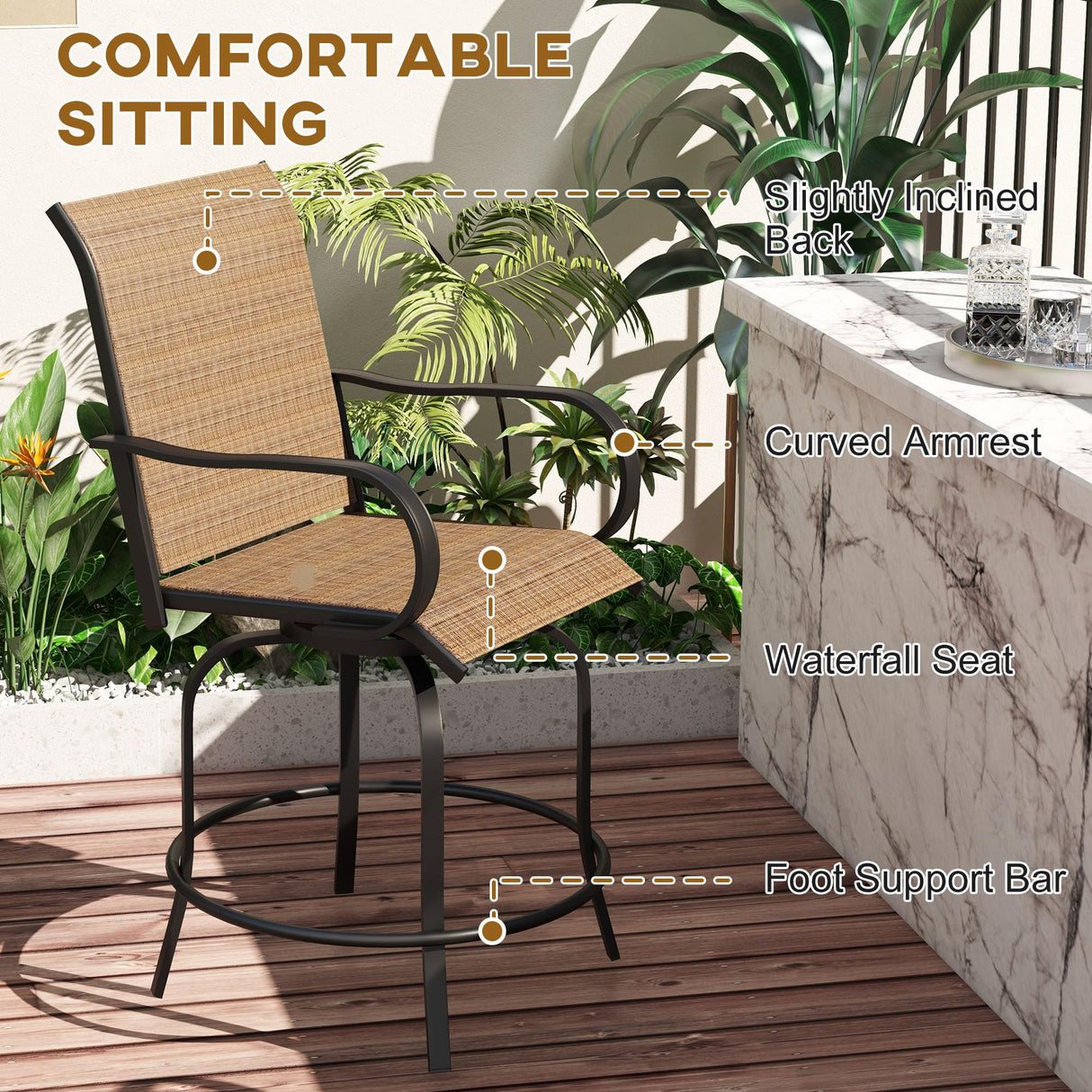 Outsunny Outdoor Bar Stools with Armrests, Set of 2 360° Swivel Bar Height Patio Chairs with High-Density Mesh Fabric, Steel Frame Dining Chairs for Balcony, Poolside, Backyard, Brown Outsunny