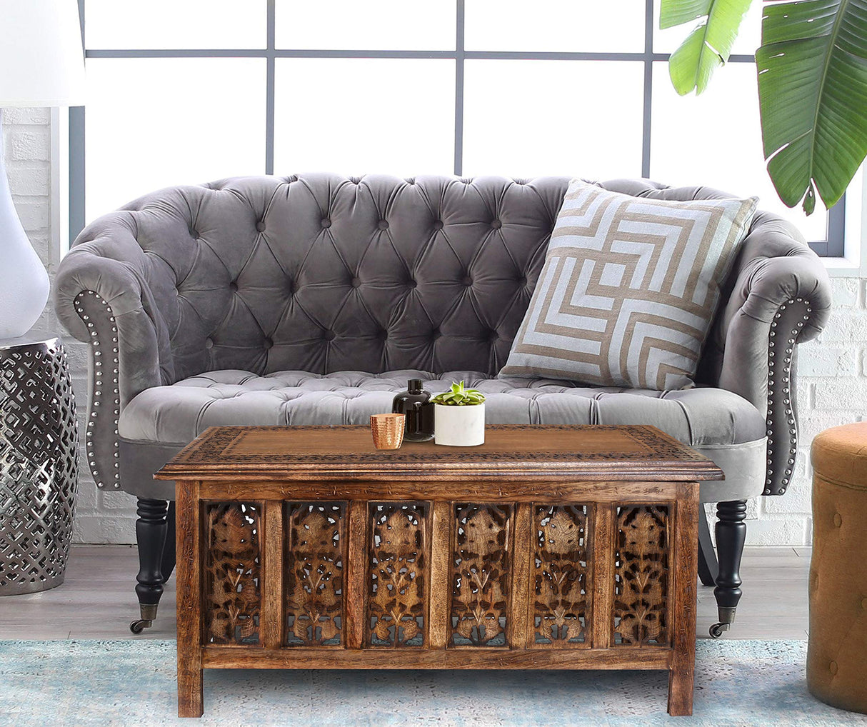 Coffee Table 36x18 Inch – Hand-Carved Solid Wood Center Table, Vintage Burnt Finish Modern Coffee Table for Living Room, Entryway Table for Magazines, Books & Plants The Wooden Town