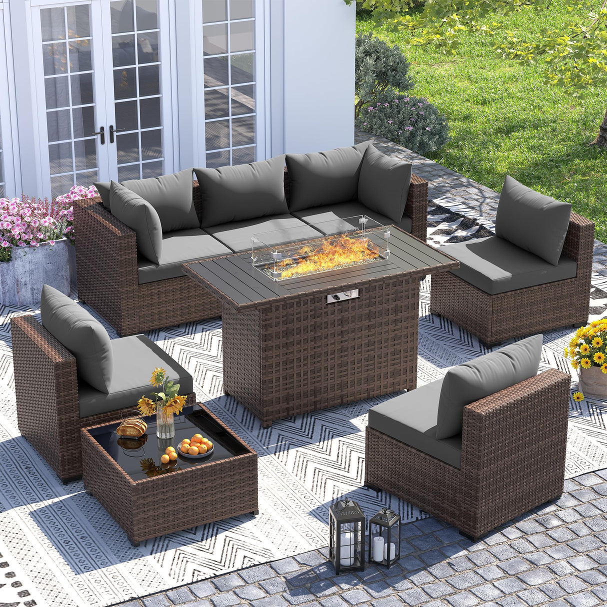 UDPATIO Outdoor Patio Furniture Set with Fire Pit Table, 8 Piece Outdoor Sectional Sofas, All-Weather Wicker Patio Conversation Set for Garden, Backyard Dark Grey UDPATIO