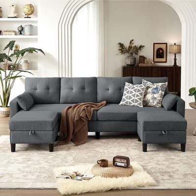 Portaforta Convertible Sectional Sofa Couch, 101" U Shaped Couch with Storage Chaise and Side Pocket, Modern Polyester 4-Seat Reversible Sofa Set for Living Room, Dark Grey