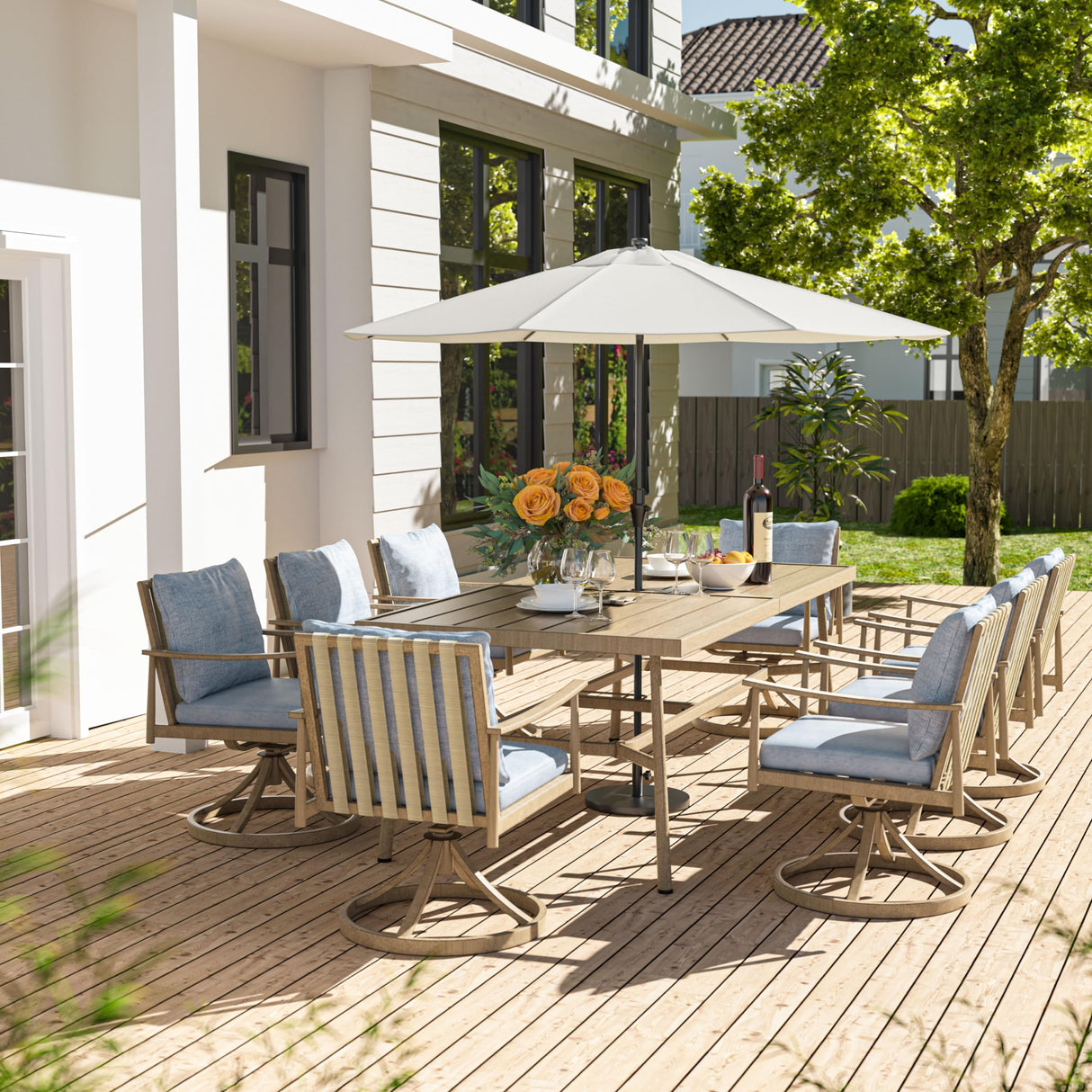 HAPPATIO 9-Piece Patio Dining Set for 8, Aluminum Outdoor Dining Set with Cushions, 8 Swivel Dining Chairs, 1 Large Rectangular Table with Umbrella Hole for Lawn, Porch, Backyard, Brown HAPPATIO