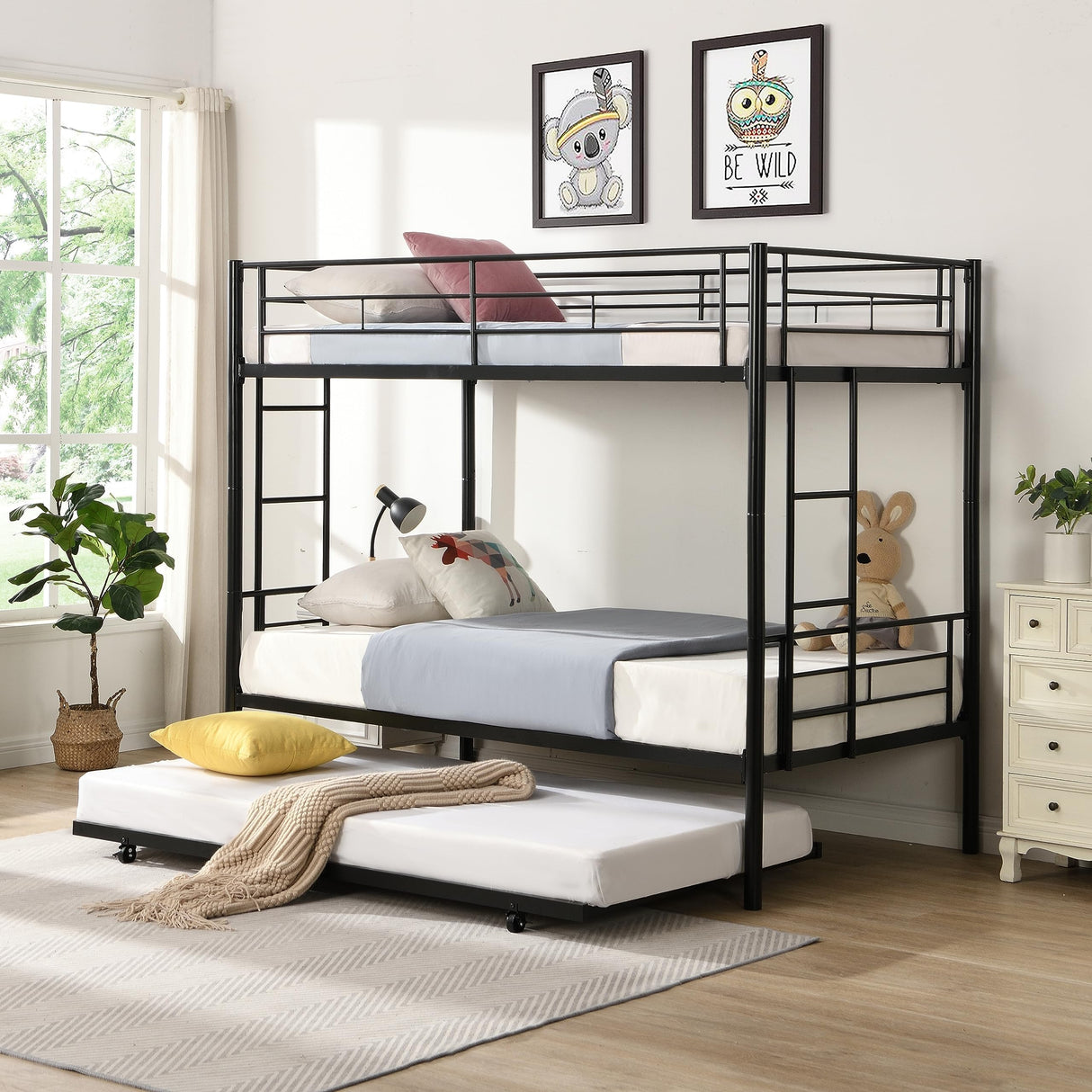 AEMSOFK Twin Over Twin Bunk Bed Frame with Trundle,Metal Bunk Bed Bedframe with Guard Rail and 2 Ladders for Adults,Can be Divided into 3 Beds, No Box Spring Needed,Space Saving Design AEMSOFK