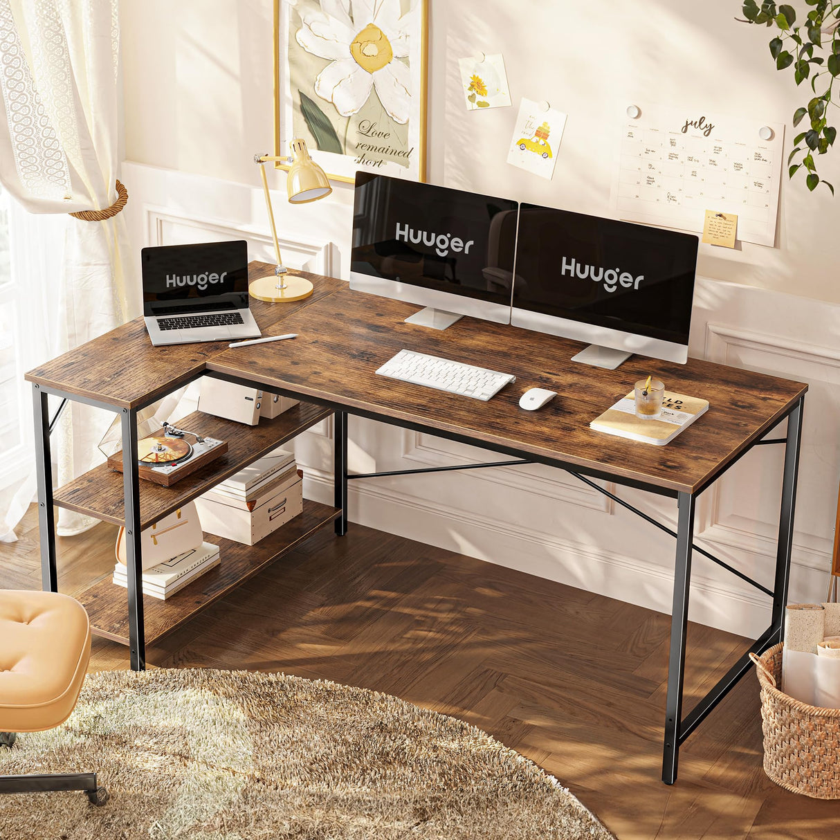Huuger L Shaped Desk, 55 Inches Computer Desk with Reversible Storage Shelves, Gaming Desk, Corner Desk Home Office Desks, Writing Desk Study Desk with Metal Frame, Rustic Brown Huuger