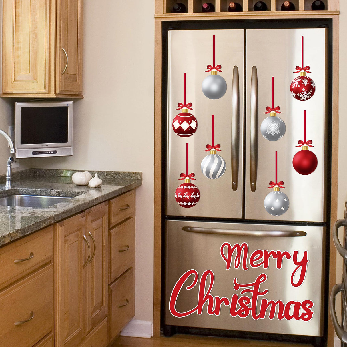 90shine 32PCS Christmas Garage Door Decorations Magnets - Merry Xmas Ball Holiday Refrigerator Fridge Kitchen Decor(Red, Silver) 90shine