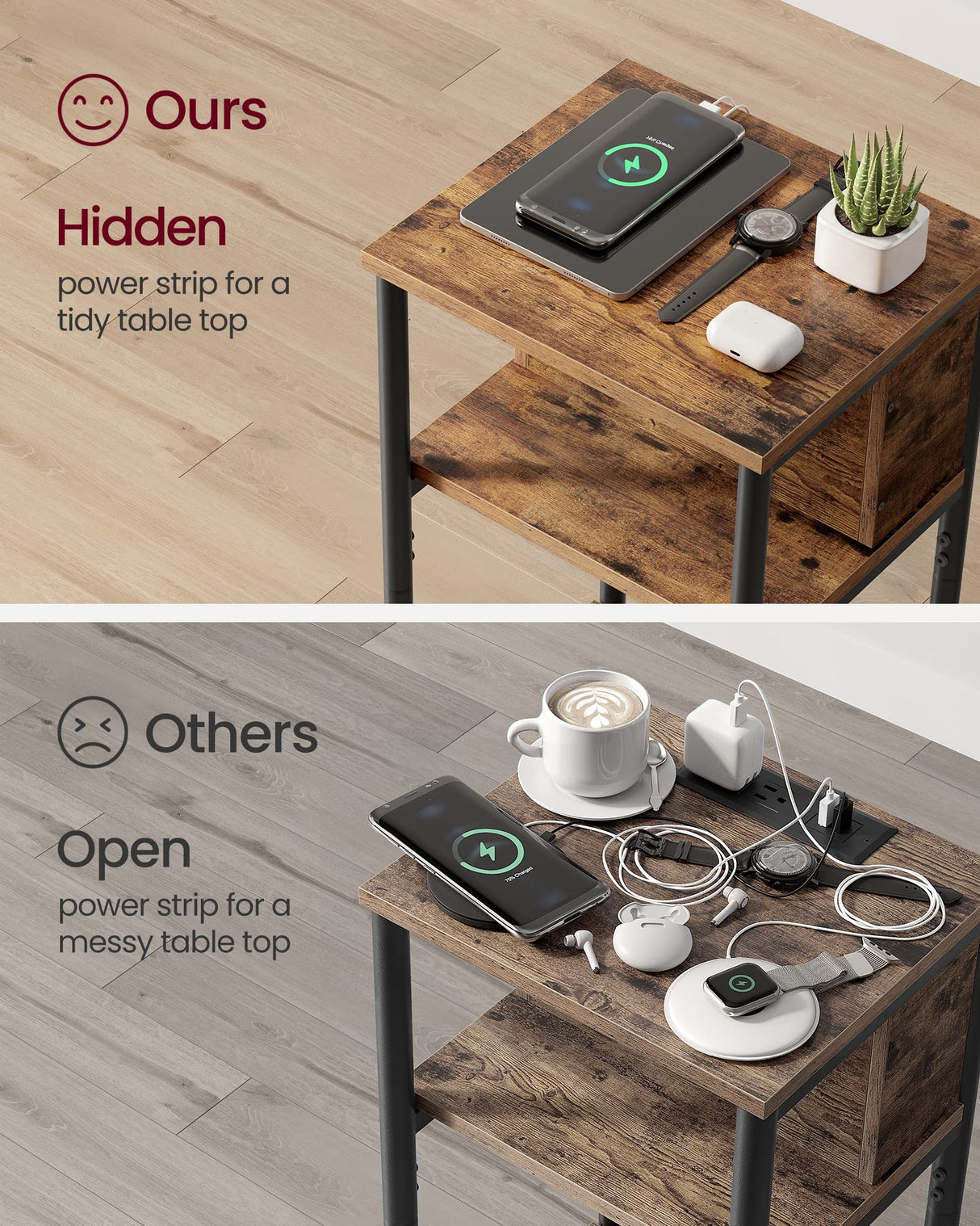 VASAGLE Side Table with Charging Station, 3-Tier End Table with USB Ports and Outlets, Nightstand for Living Room, Bedroom, 11.8 x 13.4 x 22.8 Inches, Plug-in Series, Rustic Brown and Black VASAGLE