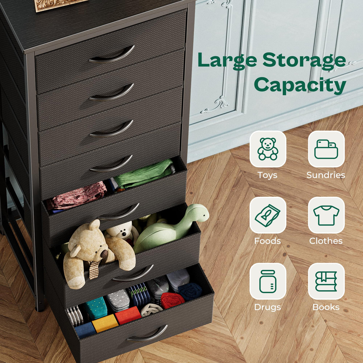 Huuger Tall Dresser for Bedroom, 7 Drawer Dresser & Chests of Drawers, Fabric Dresser for Closet, Bedroom, Night Stand, End Table with Metal Frame, Storage Tower with Fabric Bins, Black Huuger