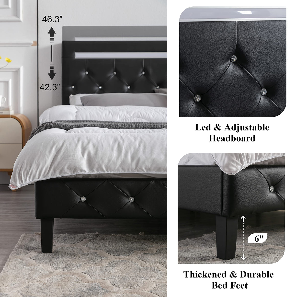 Benevika LED Upholstered Queen Size Bed Frame with Adjustable Headboard and USB Charging Station Benevika