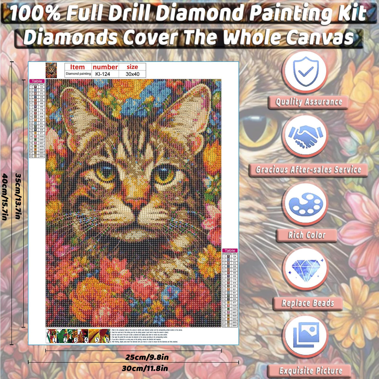 KICHANG Flower Cat Diamond Painting Kits,5D Diamond Painting Diamond Art,Round Full Drill Diamond Art Kits Diamond Dots Crafts for Home Decor Gift-12x16in KICHANG