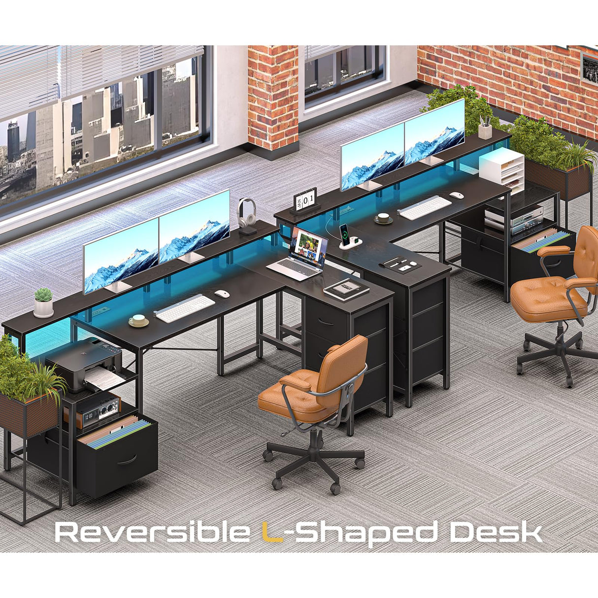 Yoobure L Shaped Desk with Drawers, Gaming Desk with LED Lights & Outlets, 75" Reversible Computer Desk with Storage File Cabinet & Printer Stand, Corner Desk Office Desk with Dual Monitor Stand Black Yoobure