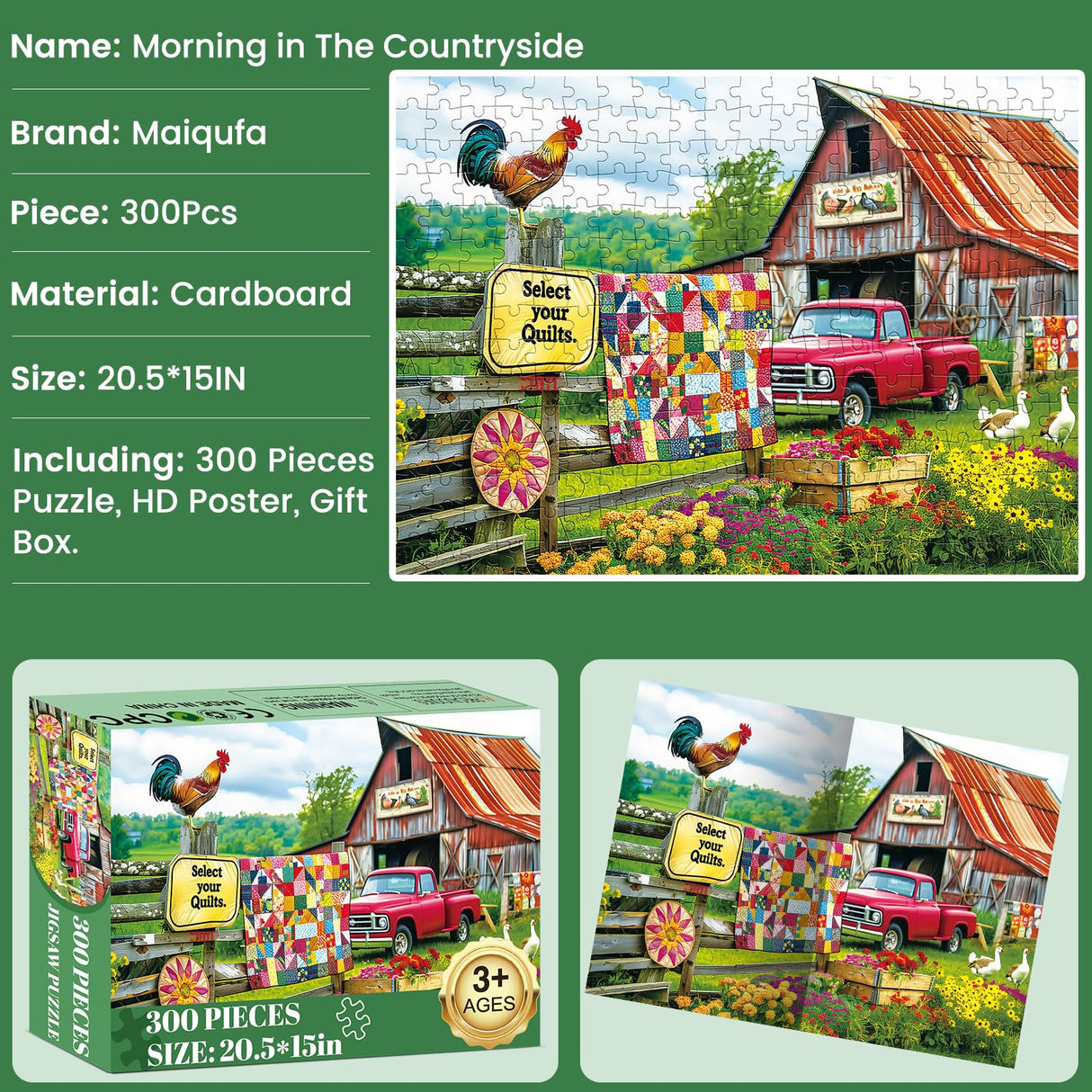 300 Pieces Puzzle for Adults | Country Life Puzzle | Recycled Cardboard Large Piece Jigsaw Puzzles 300 Pieces | Challenging Game Home Decor Birthday Party Gift Toy for Adults Kids Seniors 20.5*15 inch Maiqufa